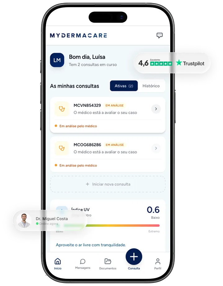 Aplicação MyDermaCare com consultas em curso e dermatologistas online
