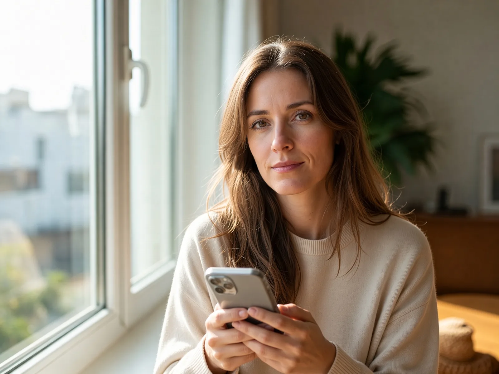 Pessoa sentada num sofá a usar o telemóvel para uma consulta de dermatologia online